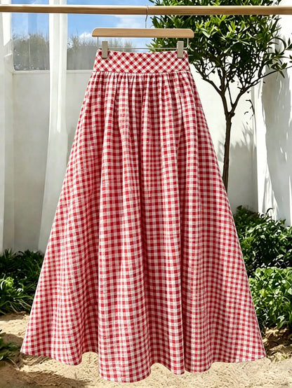 Solstice Apparel French Red & White Plaid High Waist Midi Skirt, Adjustable Drawstring Pleated Flowy Sweet A-Line Skirt