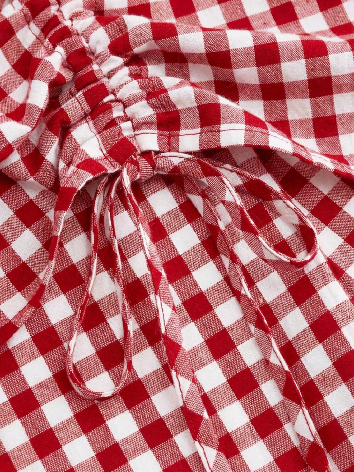 Solstice Apparel French Red & White Plaid High Waist Midi Skirt, Adjustable Drawstring Pleated Flowy Sweet A-Line Skirt