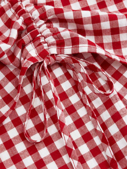 Solstice Apparel French Red & White Plaid High Waist Midi Skirt, Adjustable Drawstring Pleated Flowy Sweet A-Line Skirt