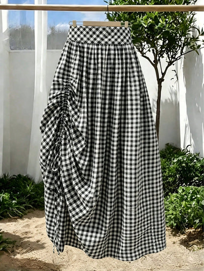 Solstice Apparel French Red & White Plaid High Waist Midi Skirt, Adjustable Drawstring Pleated Flowy Sweet A-Line Skirt