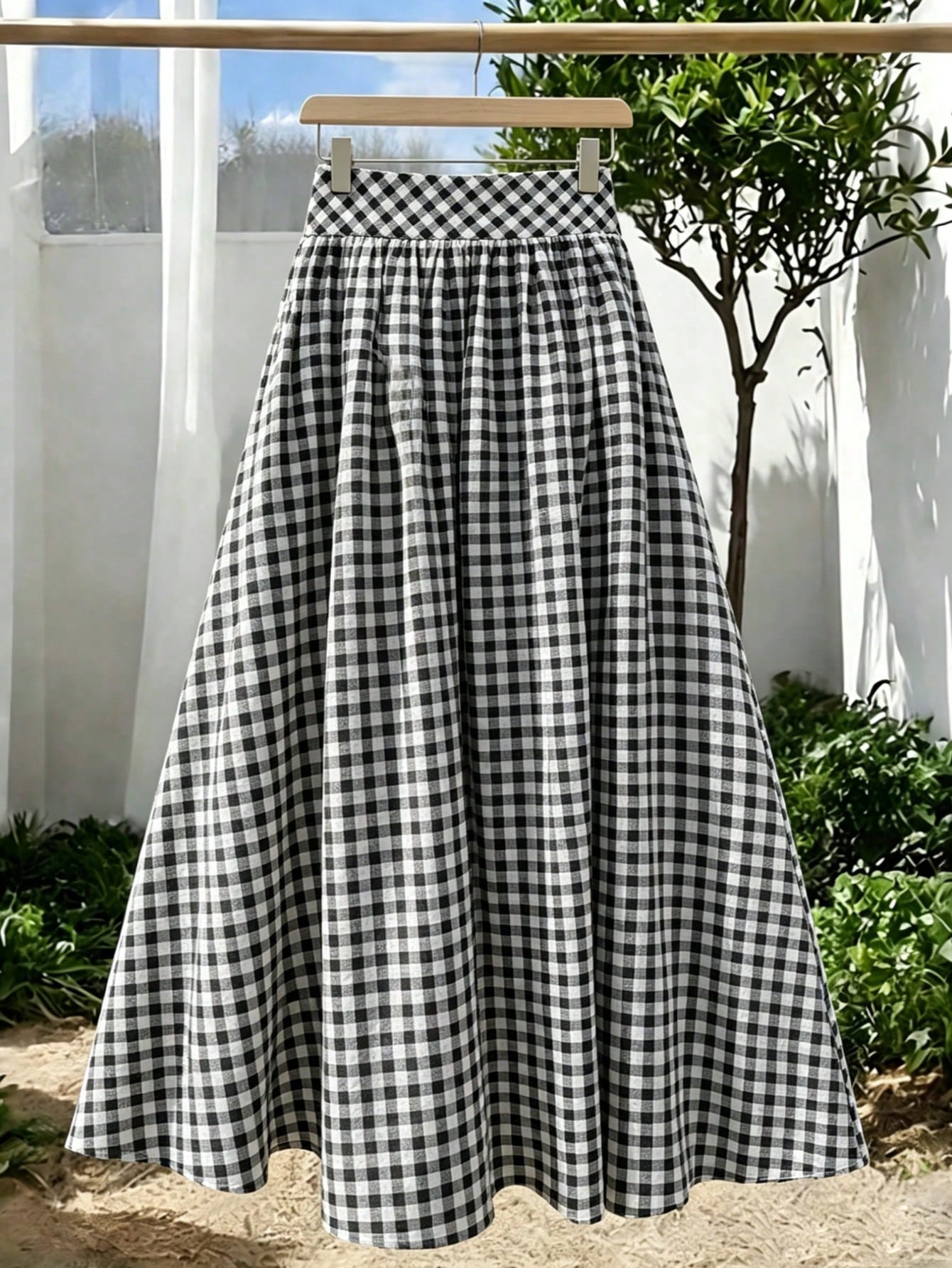Solstice Apparel French Red & White Plaid High Waist Midi Skirt, Adjustable Drawstring Pleated Flowy Sweet A-Line Skirt