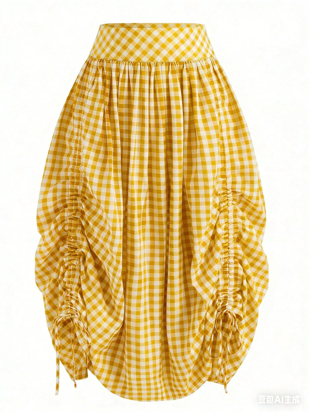 Solstice Apparel French Yellow White Gingham High Waist Midi Skirt, Adjustable Drawstring Ruched Flowy Vitality Vacation A Line Skirt