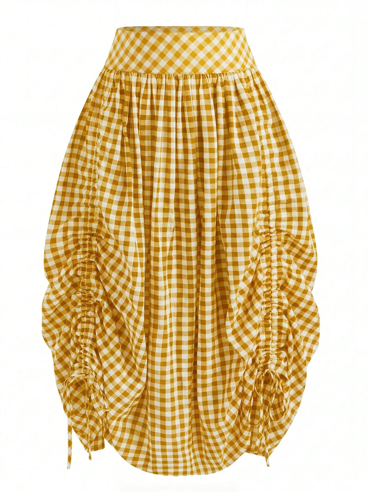 Solstice Apparel French Yellow White Gingham High Waist Midi Skirt, Adjustable Drawstring Ruched Flowy Vitality Vacation A Line Skirt