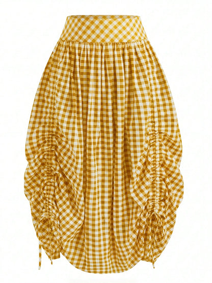 Solstice Apparel French Yellow White Gingham High Waist Midi Skirt, Adjustable Drawstring Ruched Flowy Vitality Vacation A Line Skirt