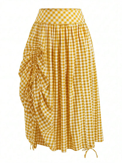 Solstice Apparel French Yellow White Gingham High Waist Midi Skirt, Adjustable Drawstring Ruched Flowy Vitality Vacation A Line Skirt