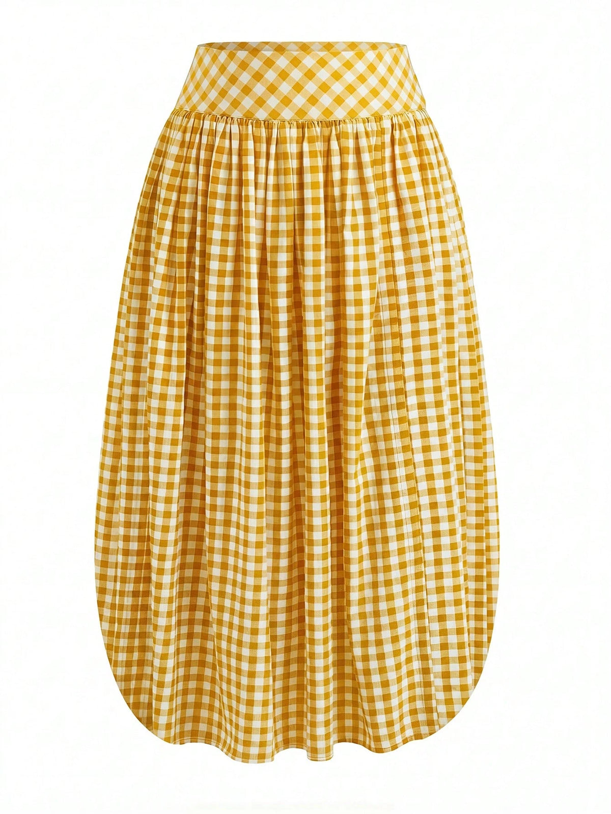 Solstice Apparel French Yellow White Gingham High Waist Midi Skirt, Adjustable Drawstring Ruched Flowy Vitality Vacation A Line Skirt