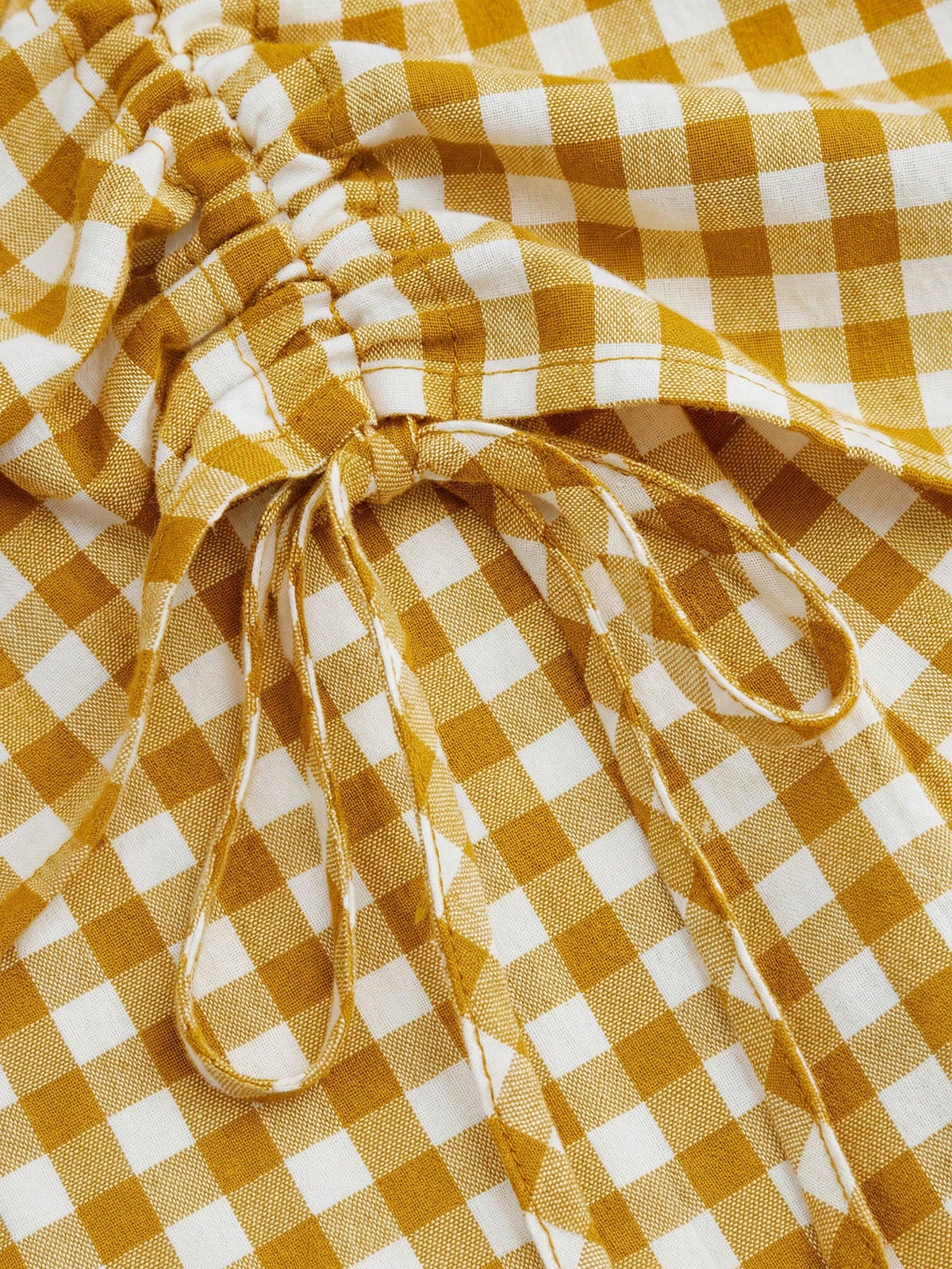 Solstice Apparel French Yellow White Gingham High Waist Midi Skirt, Adjustable Drawstring Ruched Flowy Vitality Vacation A Line Skirt