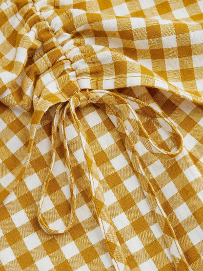Solstice Apparel French Yellow White Gingham High Waist Midi Skirt, Adjustable Drawstring Ruched Flowy Vitality Vacation A Line Skirt