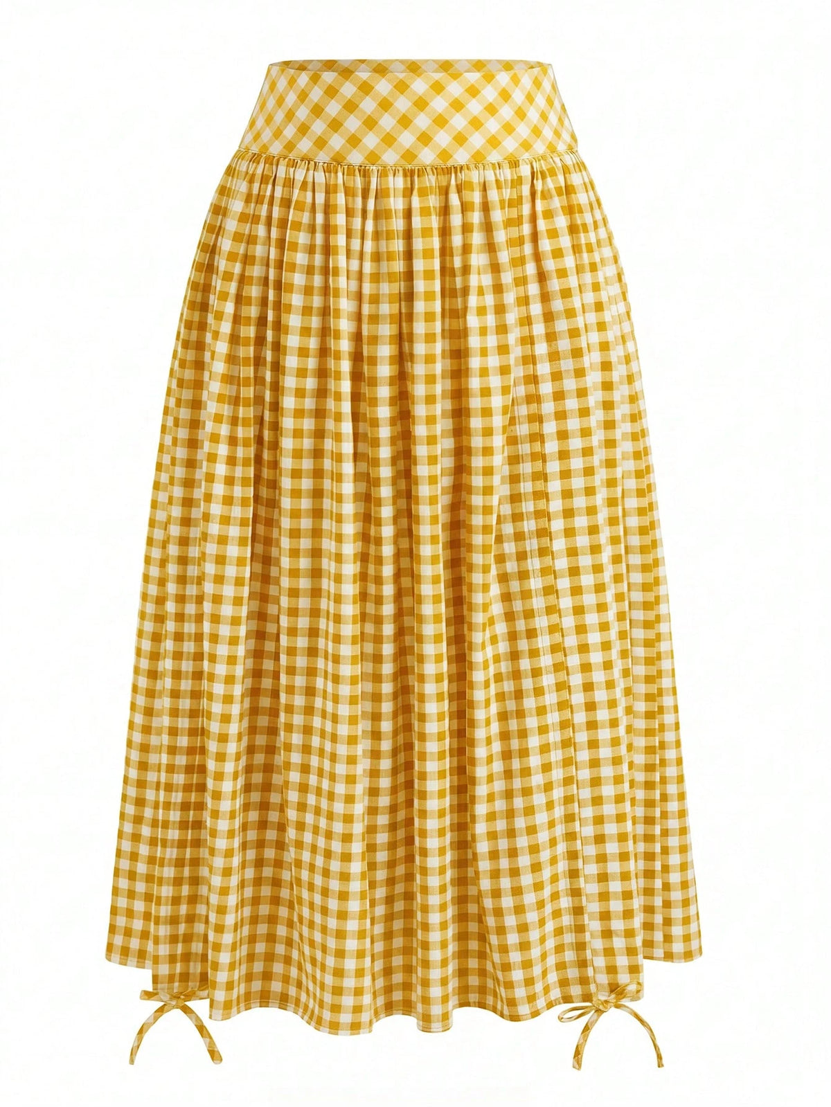 Solstice Apparel French Yellow White Gingham High Waist Midi Skirt, Adjustable Drawstring Ruched Flowy Vitality Vacation A Line Skirt