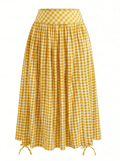 Solstice Apparel French Yellow White Gingham High Waist Midi Skirt, Adjustable Drawstring Ruched Flowy Vitality Vacation A Line Skirt
