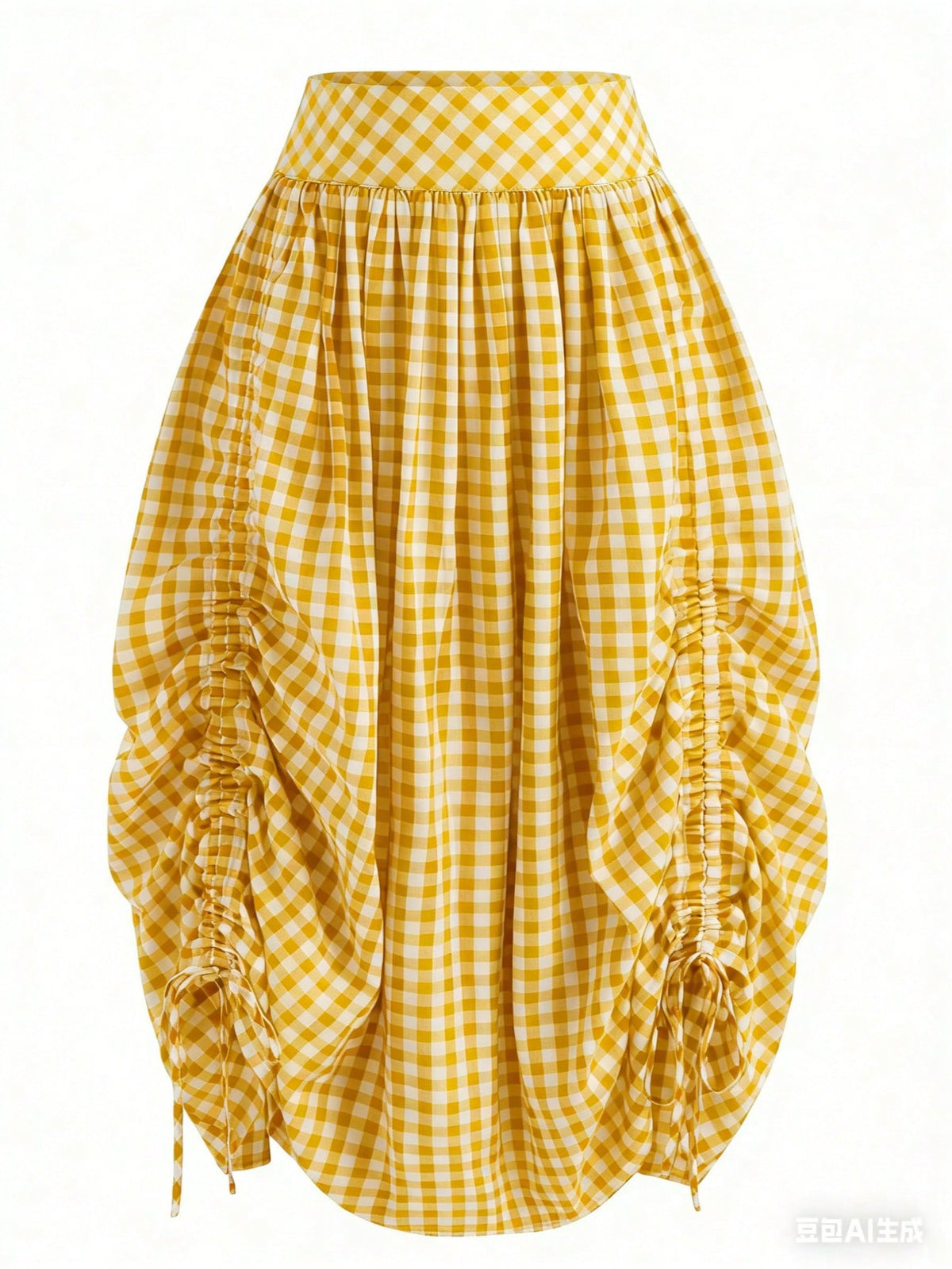 Solstice Apparel French Yellow White Gingham High Waist Midi Skirt, Adjustable Drawstring Ruched Flowy Vitality Vacation A Line Skirt