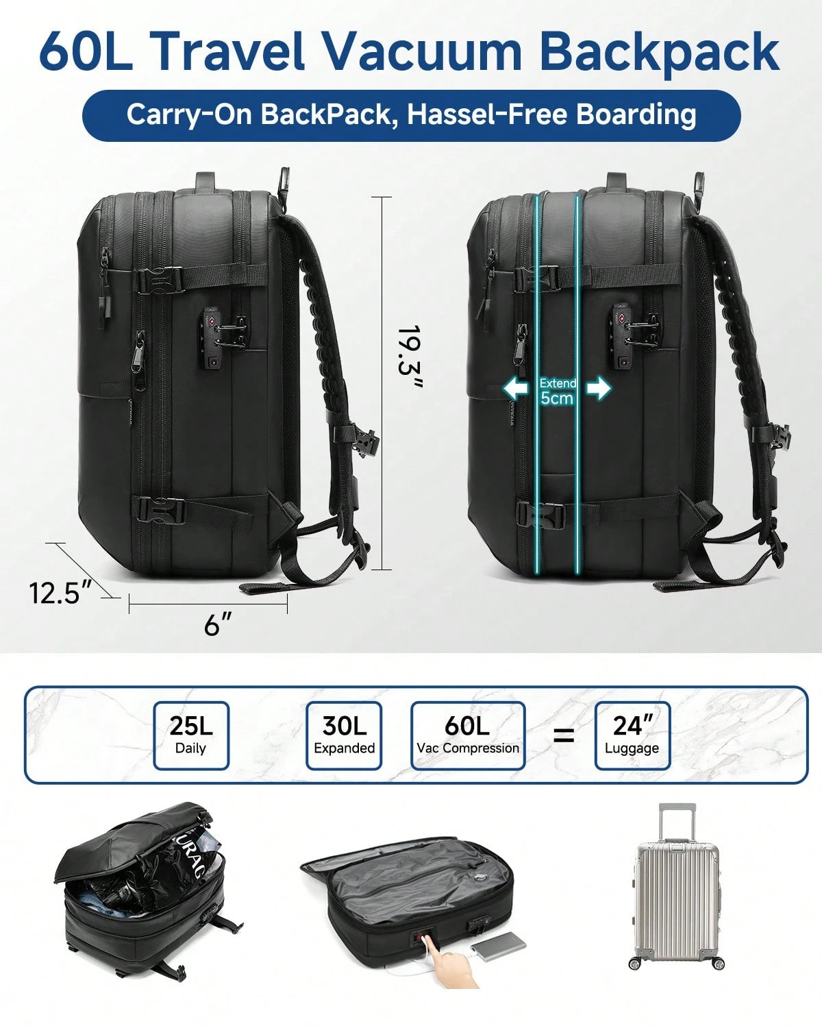 Somago One-Click Vacuum Backpack, Expandable To 60L With TSA Lock, Fits 17" Laptop. Lightweight & Durable Carry-On For Camping & Outdoor Adventures.