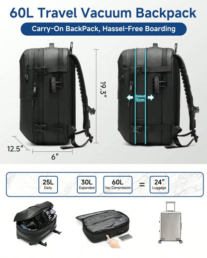 Somago One-Click Vacuum Backpack, Expandable To 60L With TSA Lock, Fits 17" Laptop. Lightweight & Durable Carry-On For Camping & Outdoor Adventures.