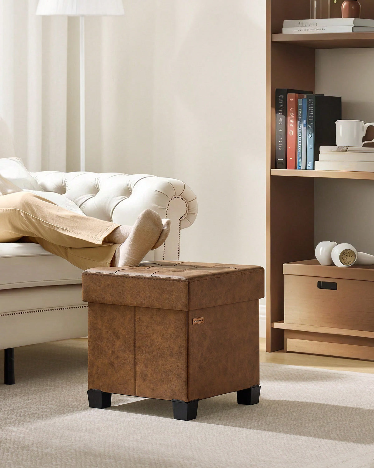 SONGMICS Storage Ottoman, Cube Ottoman With Legs, 15 X 15 X 15.7 Inches, Footstool, Footrest, 10 Gal. (37 L), Synthetic Leather, For Bedroom, Living Room, Dorm
