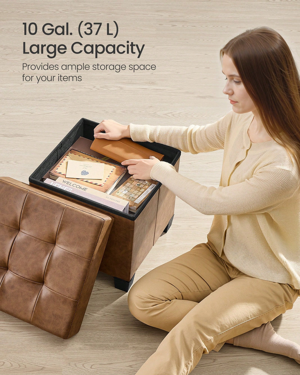 SONGMICS Storage Ottoman, Cube Ottoman With Legs, 15 X 15 X 15.7 Inches, Footstool, Footrest, 10 Gal. (37 L), Synthetic Leather, For Bedroom, Living Room, Dorm