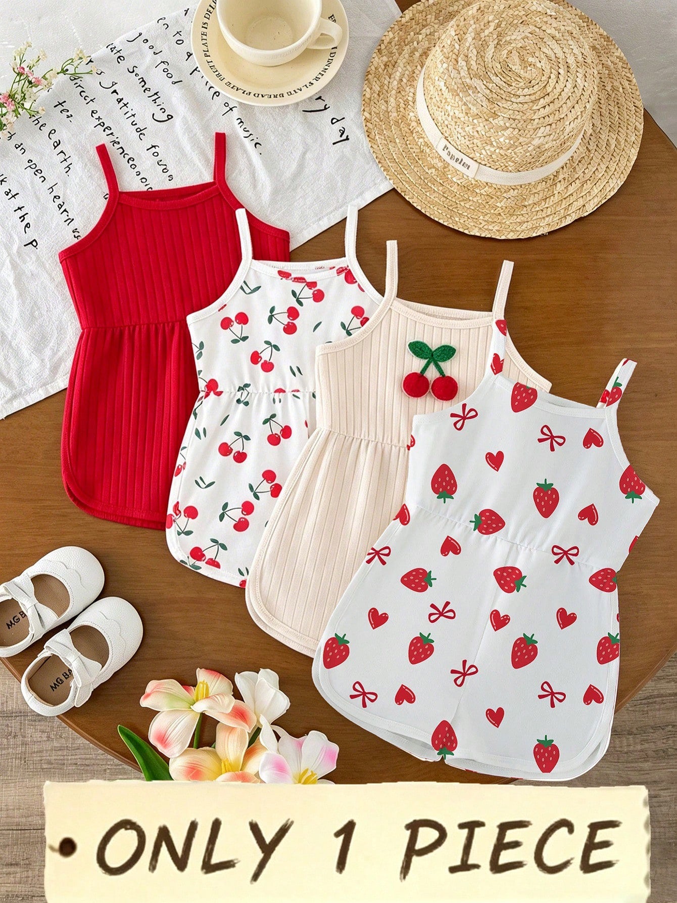 Souflis Souflis 1 Pc Random, Baby Girl Pastel Fruit Print Cami Romper, Cute Summer Vacation Outfit, Korean Pastoral Style Comfortable Daily Wear Romper