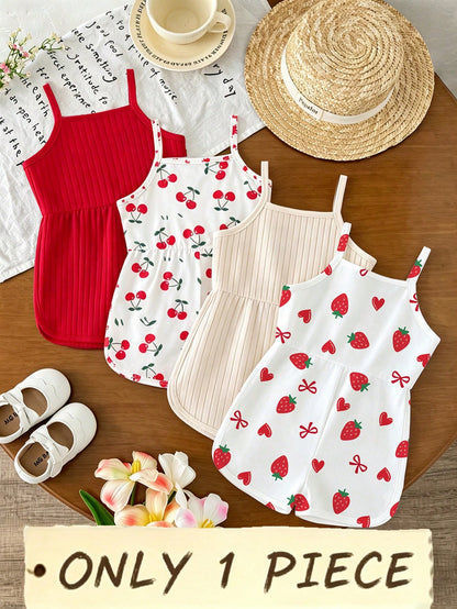 Souflis Souflis 1 Pc Random, Baby Girl Pastel Fruit Print Cami Romper, Cute Summer Vacation Outfit, Korean Pastoral Style Comfortable Daily Wear Romper