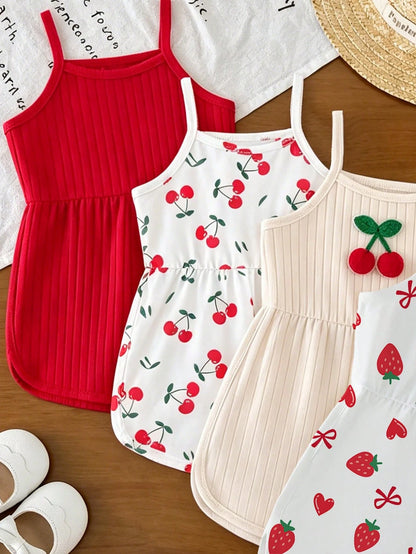 Souflis Souflis 1 Pc Random, Baby Girl Pastel Fruit Print Cami Romper, Cute Summer Vacation Outfit, Korean Pastoral Style Comfortable Daily Wear Romper