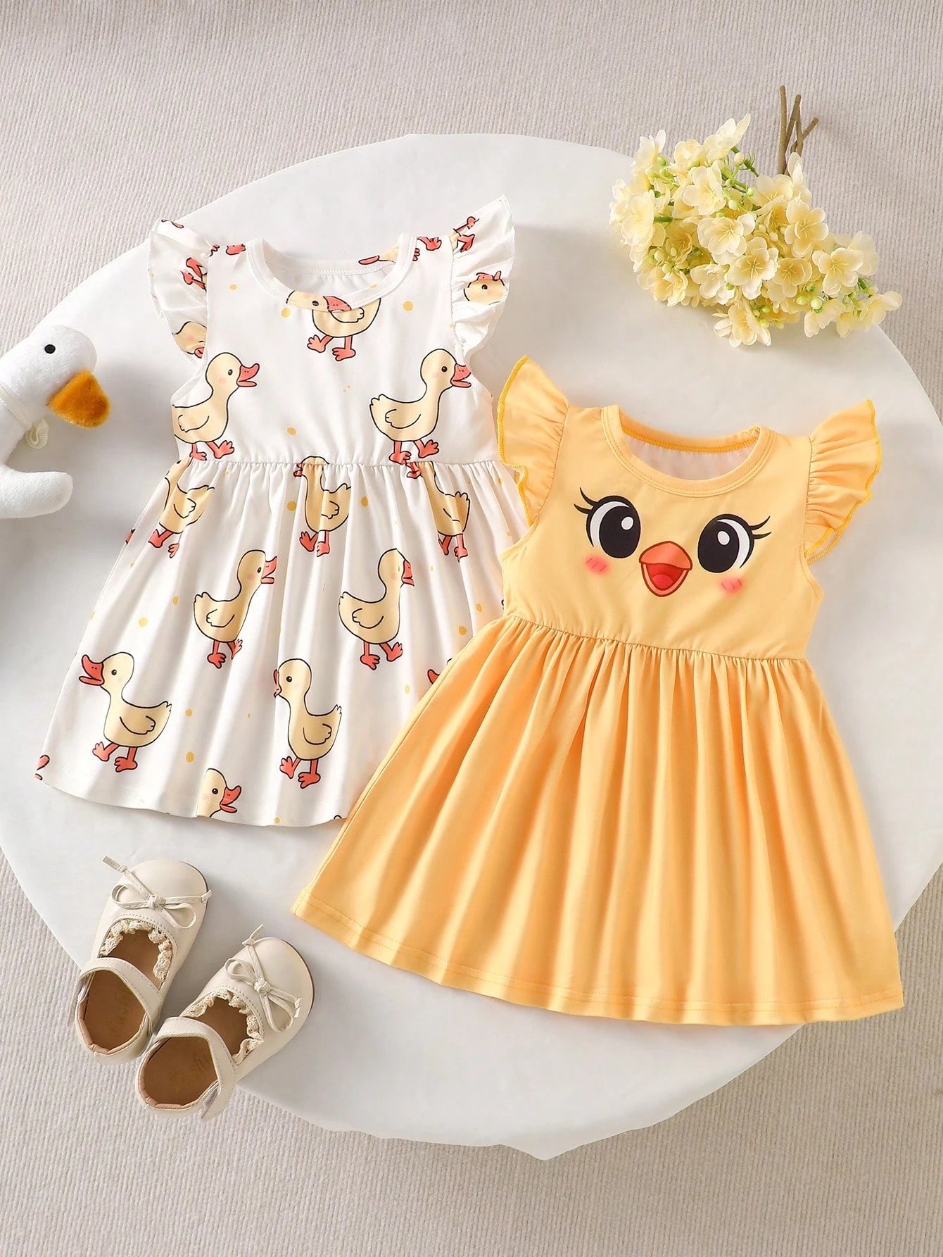 Souflis Souflis 2pcs Summer Baby Girl Dresses, Yellow Flutter Sleeve Dress With Cute Little Duck Print Design