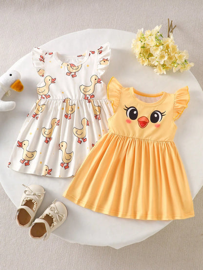 Souflis Souflis 2pcs Summer Baby Girl Dresses, Yellow Flutter Sleeve Dress With Cute Little Duck Print Design
