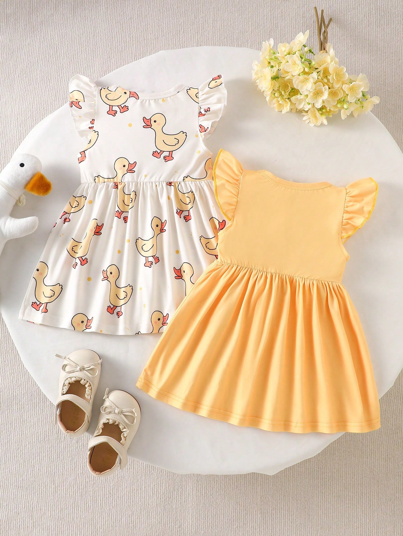 Souflis Souflis 2pcs Summer Baby Girl Dresses, Yellow Flutter Sleeve Dress With Cute Little Duck Print Design