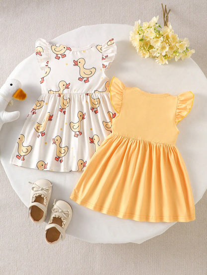 Souflis Souflis 2pcs Summer Baby Girl Dresses, Yellow Flutter Sleeve Dress With Cute Little Duck Print Design