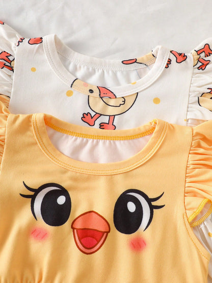 Souflis Souflis 2pcs Summer Baby Girl Dresses, Yellow Flutter Sleeve Dress With Cute Little Duck Print Design