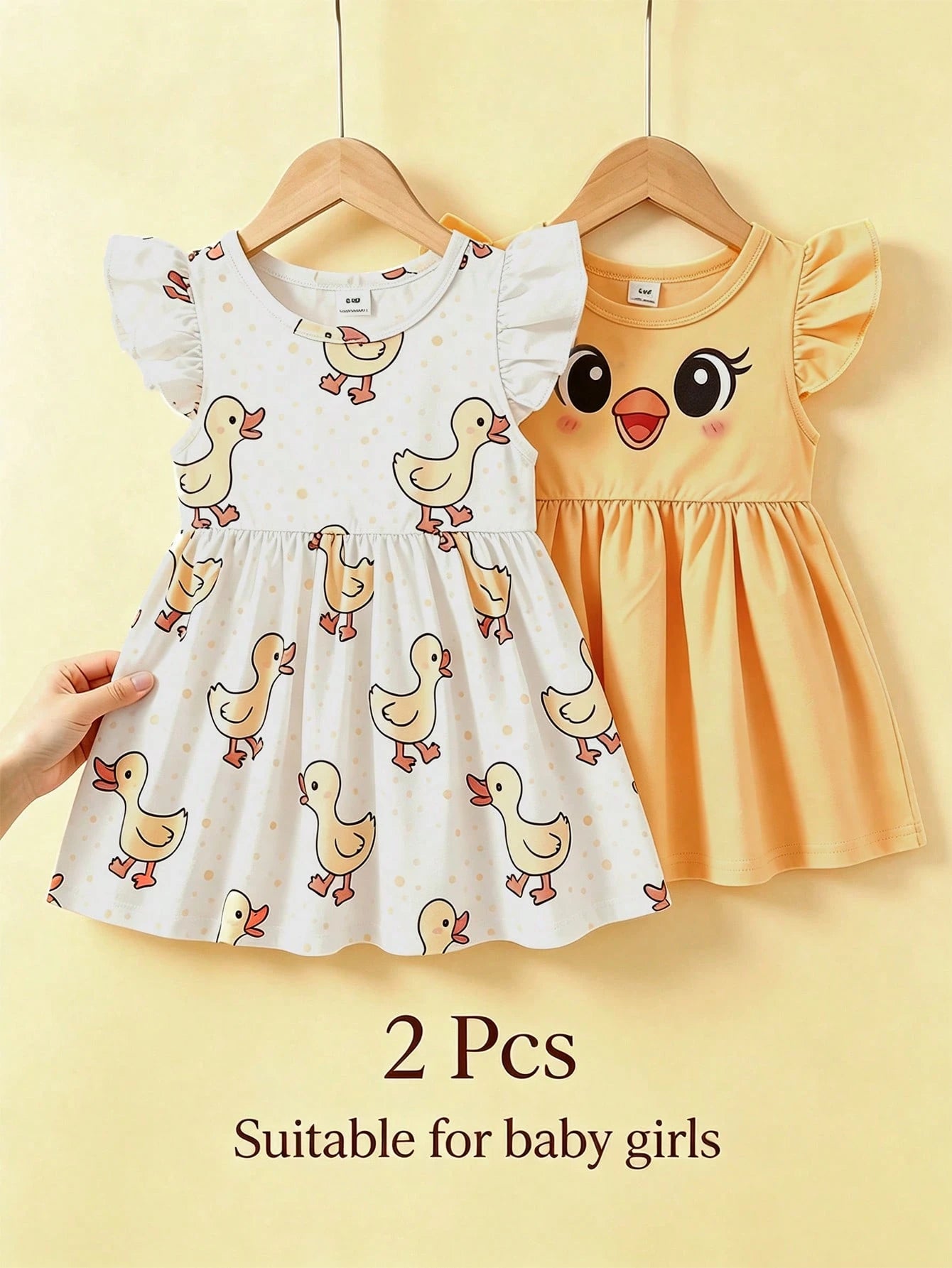 Souflis Souflis 2pcs Summer Baby Girl Dresses, Yellow Flutter Sleeve Dress With Cute Little Duck Print Design