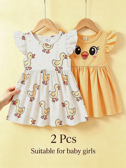 Souflis Souflis 2pcs Summer Baby Girl Dresses, Yellow Flutter Sleeve Dress With Cute Little Duck Print Design