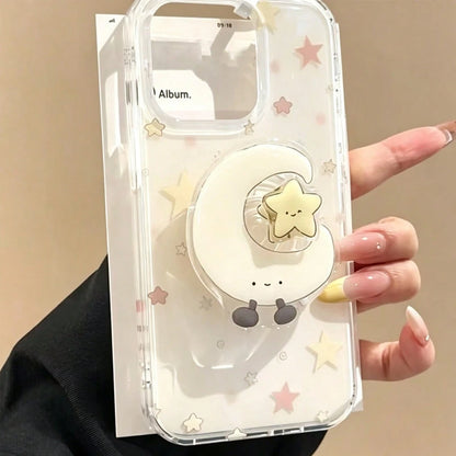 Sparkling Stars + Moon Rotating Phone Stand Compatible With Apple 17 Pro Max Phone Case 16 15 Large Hole 14/13 Stand 12 11/XR