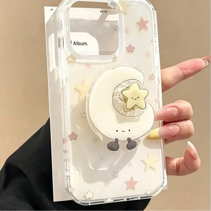 Sparkling Stars + Moon Rotating Phone Stand Compatible With Apple 17 Pro Max Phone Case 16 15 Large Hole 14/13 Stand 12 11/XR