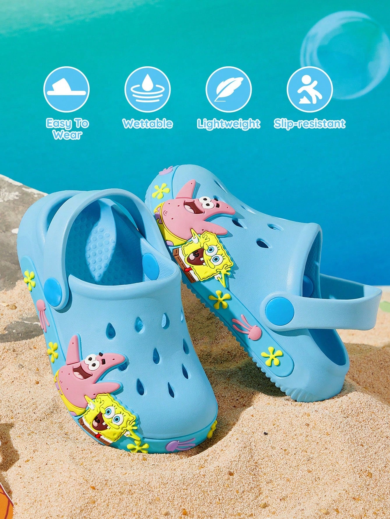 SpongeBob SquarePants| Cartoon Blue Children's Gardening Slippers, Breathable And Quick-Drying, Light And Durable EVA Material, Suitable For Home And Outdoor Places