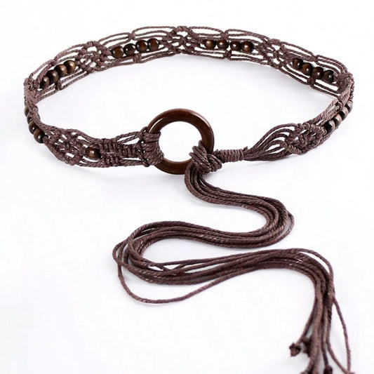 Spring And Summer Fashion Multi-Color Bohemian Style Wax Rope Handmade Wooden Circle Braided Hollow Belt With Dress Belt
