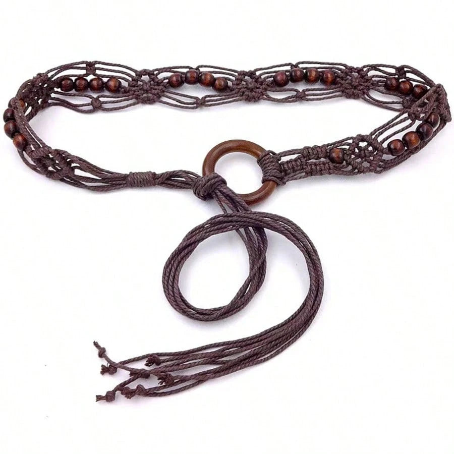 Spring And Summer Fashion Multi-Color Bohemian Style Wax Rope Handmade Wooden Circle Braided Hollow Belt With Dress Belt