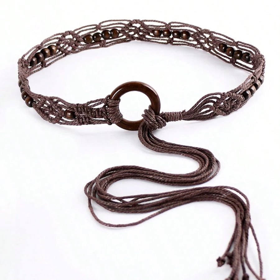 Spring And Summer Fashion Multi-Color Bohemian Style Wax Rope Handmade Wooden Circle Braided Hollow Belt With Dress Belt