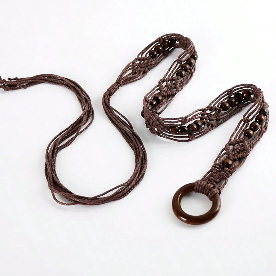 Spring And Summer Fashion Multi-Color Bohemian Style Wax Rope Handmade Wooden Circle Braided Hollow Belt With Dress Belt