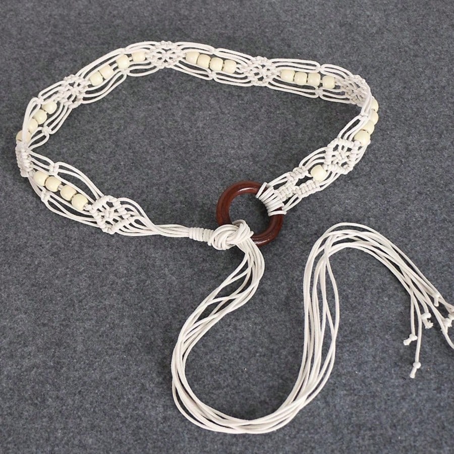 Spring And Summer Fashion Multi-Color Bohemian Style Wax Rope Handmade Wooden Circle Braided Hollow Belt With Dress Belt