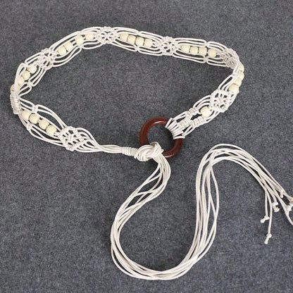 Spring And Summer Fashion Multi-Color Bohemian Style Wax Rope Handmade Wooden Circle Braided Hollow Belt With Dress Belt