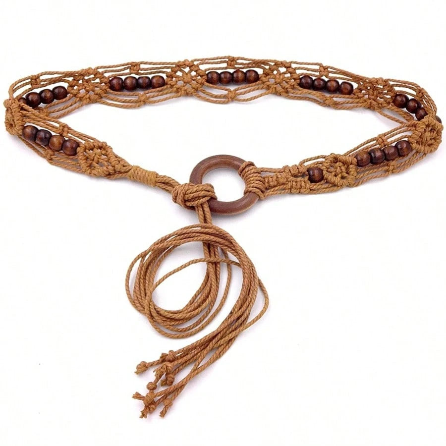 Spring And Summer Fashion Multi-Color Bohemian Style Wax Rope Handmade Wooden Circle Braided Hollow Belt With Dress Belt