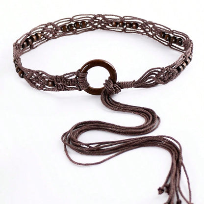 Spring And Summer Fashion Multi-Color Bohemian Style Wax Rope Handmade Wooden Circle Braided Hollow Belt With Dress Belt