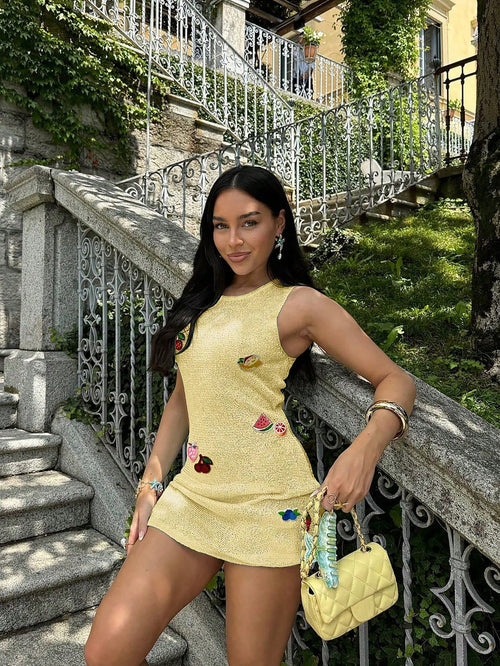 Spring And Summer New Butter Yellow Knitted Dress, Women's Beach Vacation Style, Printed Hollow Design, Music Festival Casual Cover, Semi Transparent Short Skirt