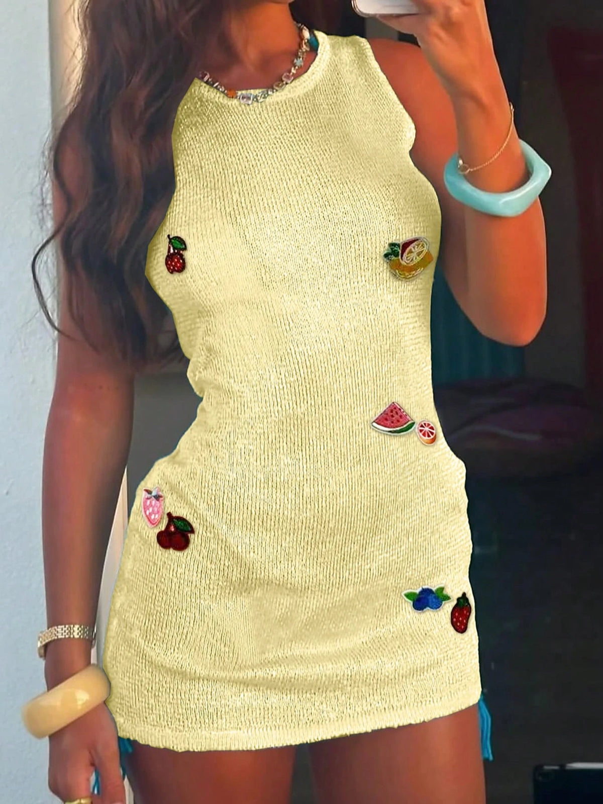Spring And Summer New Butter Yellow Knitted Dress, Women's Beach Vacation Style, Printed Hollow Design, Music Festival Casual Cover, Semi Transparent Short Skirt