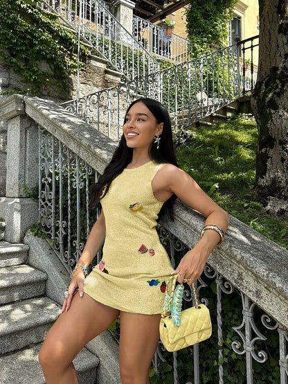 Spring And Summer New Butter Yellow Knitted Dress, Women's Beach Vacation Style, Printed Hollow Design, Music Festival Casual Cover, Semi Transparent Short Skirt