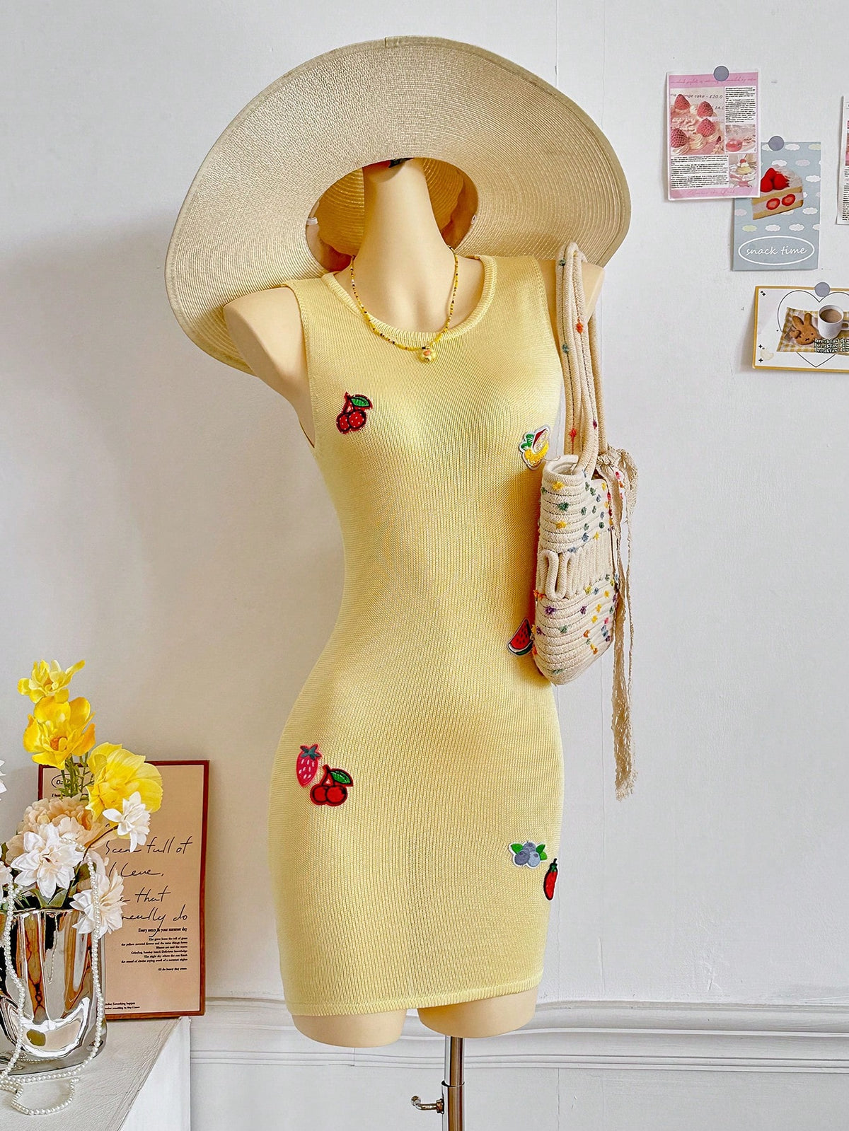 Spring And Summer New Butter Yellow Knitted Dress, Women's Beach Vacation Style, Printed Hollow Design, Music Festival Casual Cover, Semi Transparent Short Skirt