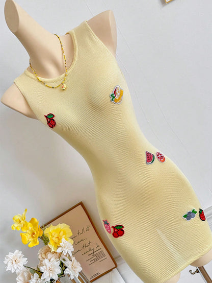 Spring And Summer New Butter Yellow Knitted Dress, Women's Beach Vacation Style, Printed Hollow Design, Music Festival Casual Cover, Semi Transparent Short Skirt