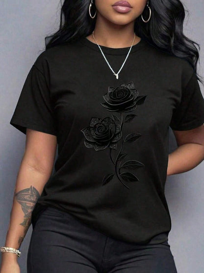 Spring Clothes Women's Clothing, Ladies Plus Size T-Shirt Black Rose Print- Casual Short Sleeve Round Neck Top, Medium Stretch Fabric, All-Season C
