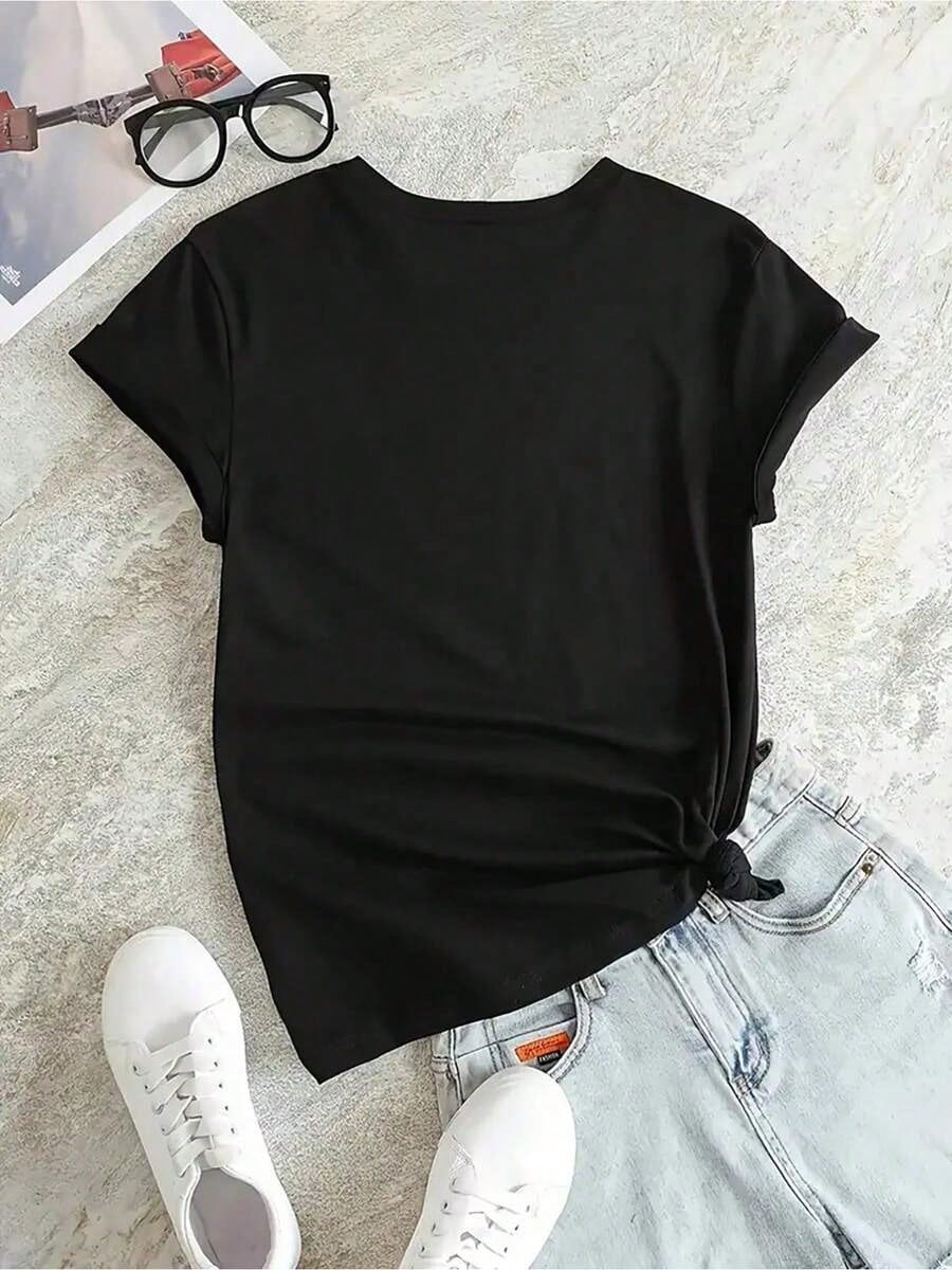Spring Clothes Women's Clothing, Ladies Plus Size T-Shirt Black Rose Print- Casual Short Sleeve Round Neck Top, Medium Stretch Fabric, All-Season C