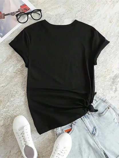 Spring Clothes Women's Clothing, Ladies Plus Size T-Shirt Black Rose Print- Casual Short Sleeve Round Neck Top, Medium Stretch Fabric, All-Season C