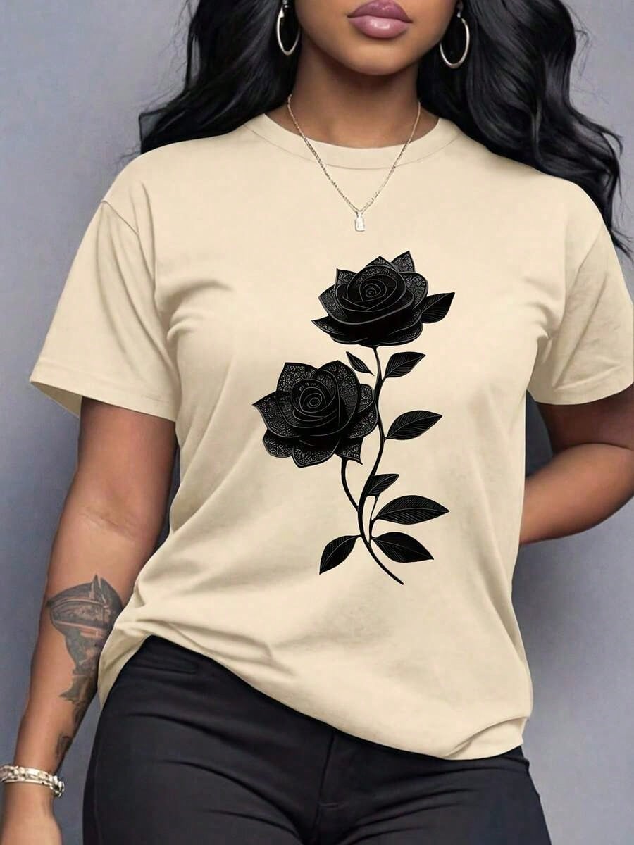 Spring Clothes Women's Clothing, Ladies Plus Size T-Shirt Black Rose Print- Casual Short Sleeve Round Neck Top, Medium Stretch Fabric, All-Season C