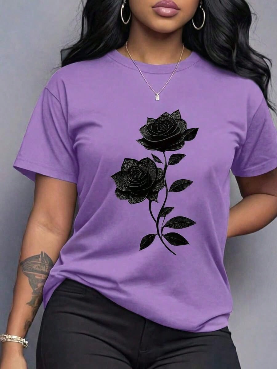 Spring Clothes Women's Clothing, Ladies Plus Size T-Shirt Black Rose Print- Casual Short Sleeve Round Neck Top, Medium Stretch Fabric, All-Season C